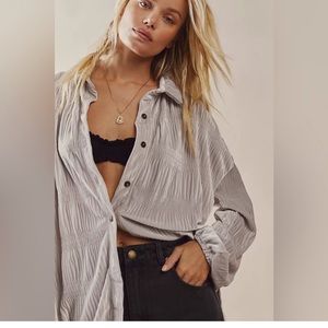 Free People My Best Silver Gray Textured Smocked Velvet Button Down Blouse Top